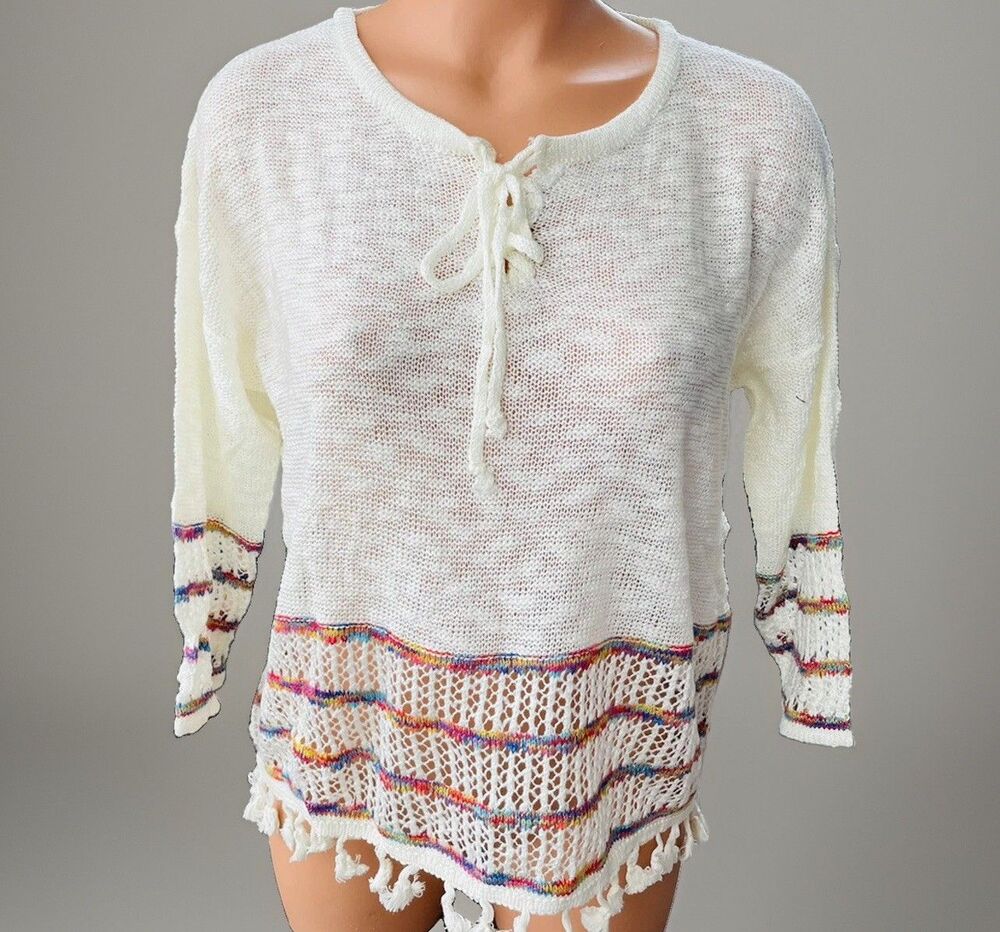 Gran Oriente Ivory Burnout Knit Hippie Sweater Size L NWT Fringe Tassel
